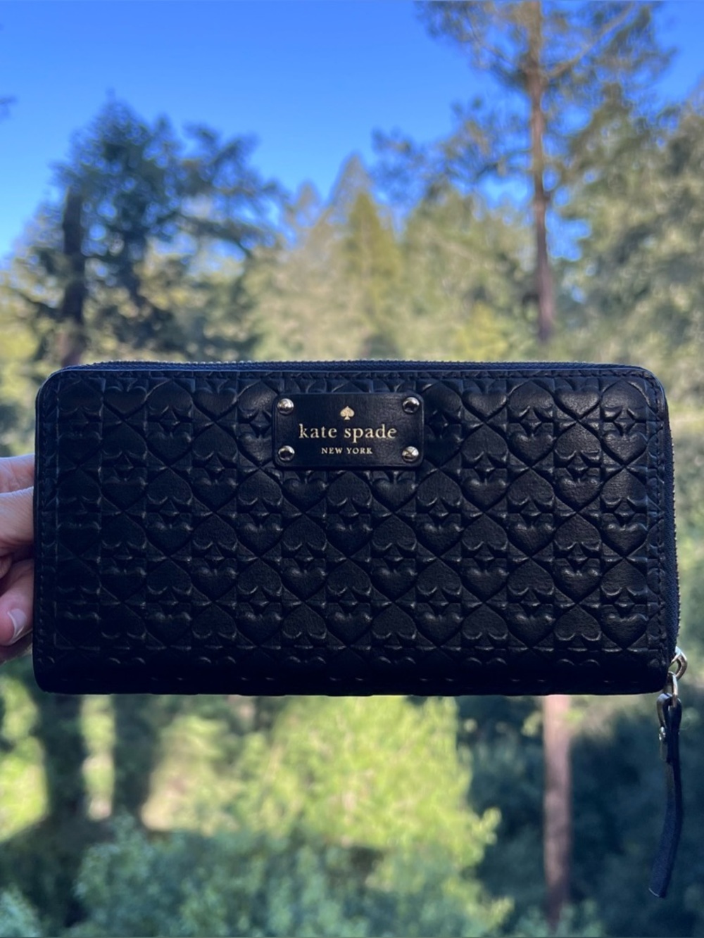 KATE SPADE Black Leather Wallet w Embossed Spades & Gold Hardware AUTHENTIC NWOT